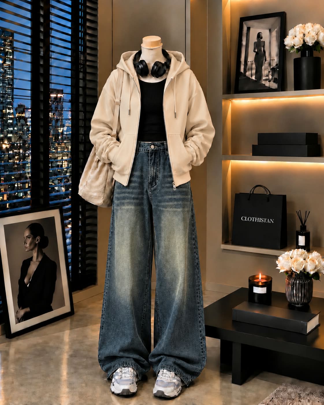 Zipper Hoodie, Black Rib Tank Top & Greenish blue Vintage Wide-Leg Jeans as Pack of Threes
