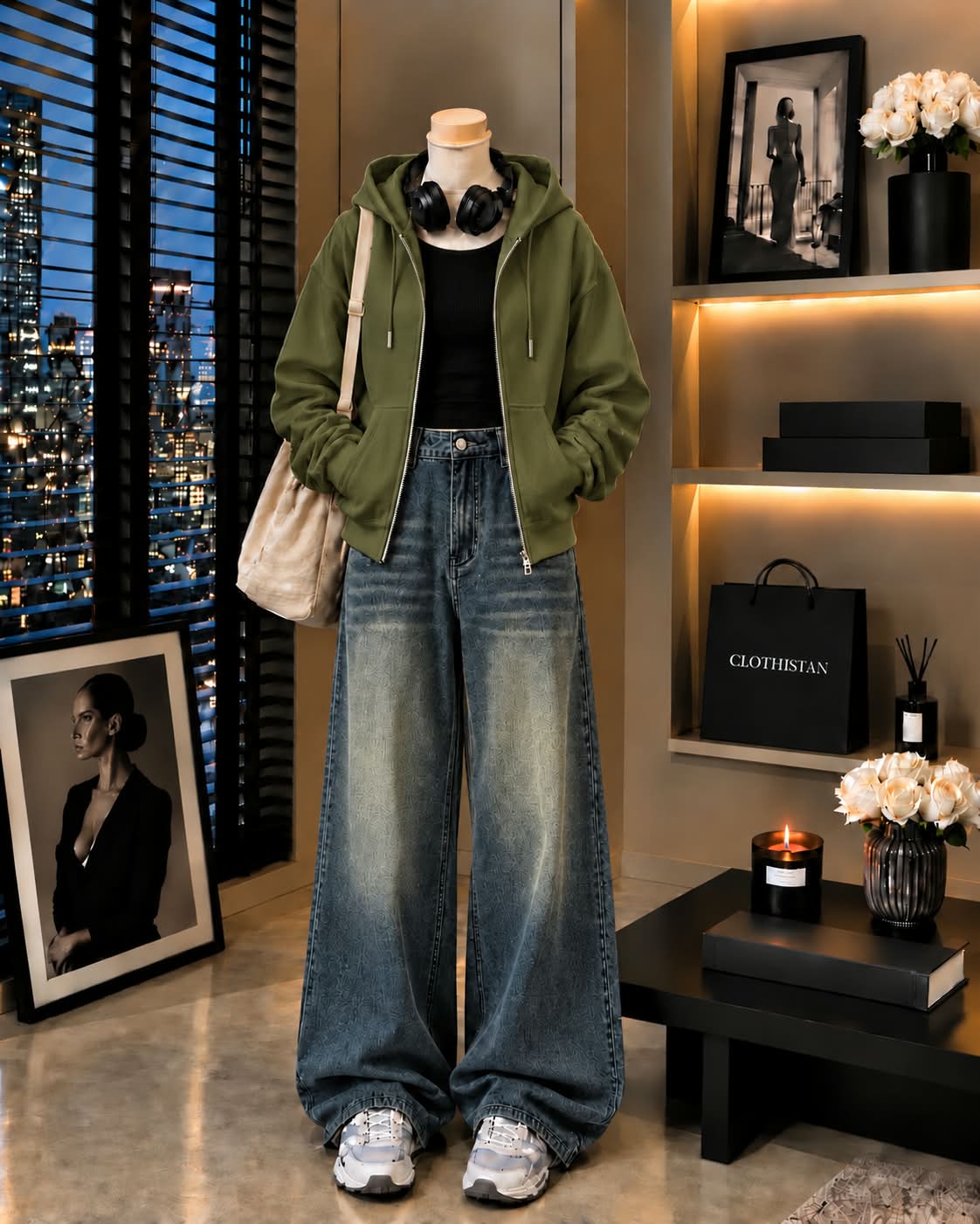 Zipper Hoodie, Black Rib Tank Top & Greenish blue Vintage Wide-Leg Jeans as Pack of Threes