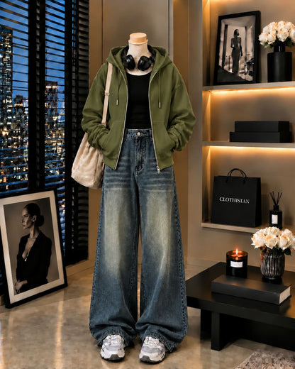 Zipper Hoodie, Black Rib Tank Top & Greenish blue Vintage Wide-Leg Jeans as Pack of Threes
