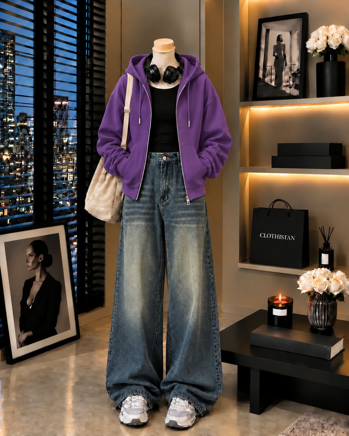 Zipper Hoodie, Black Rib Tank Top & Greenish blue Vintage Wide-Leg Jeans as Pack of Threes