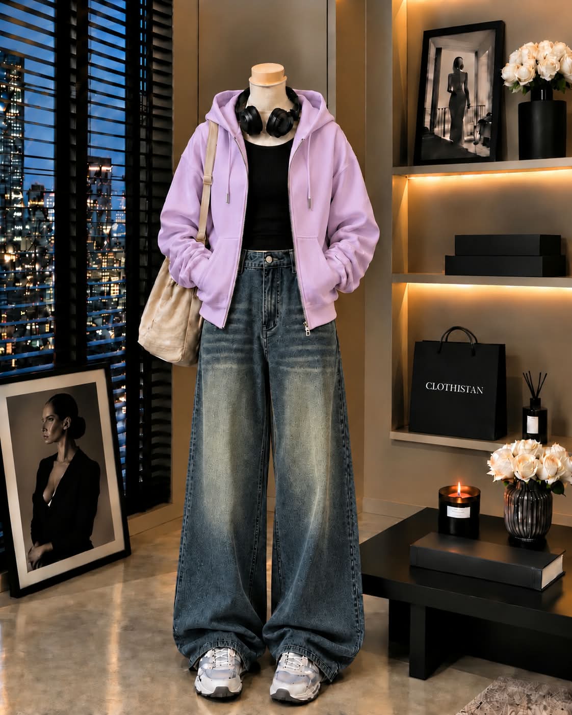 Zipper Hoodie, Black Rib Tank Top & Greenish blue Vintage Wide-Leg Jeans as Pack of Threes