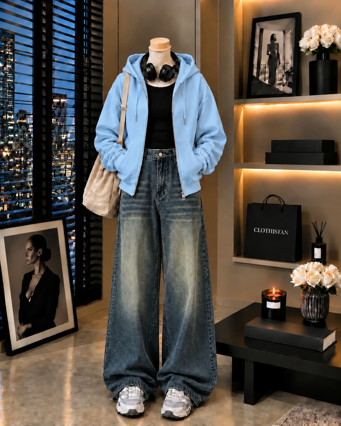Zipper Hoodie, Black Rib Tank Top & Greenish blue Vintage Wide-Leg Jeans as Pack of Threes