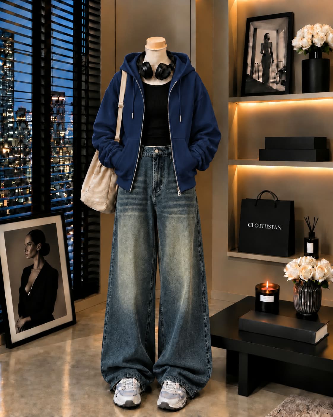 Zipper Hoodie, Black Rib Tank Top & Greenish blue Vintage Wide-Leg Jeans as Pack of Threes