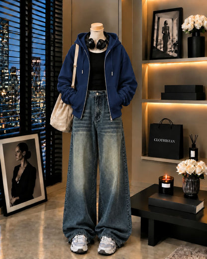 Zipper Hoodie, Black Rib Tank Top & Greenish blue Vintage Wide-Leg Jeans as Pack of Threes