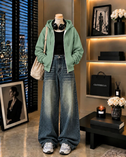 Zipper Hoodie, Black Rib Tank Top & Greenish blue Vintage Wide-Leg Jeans as Pack of Threes