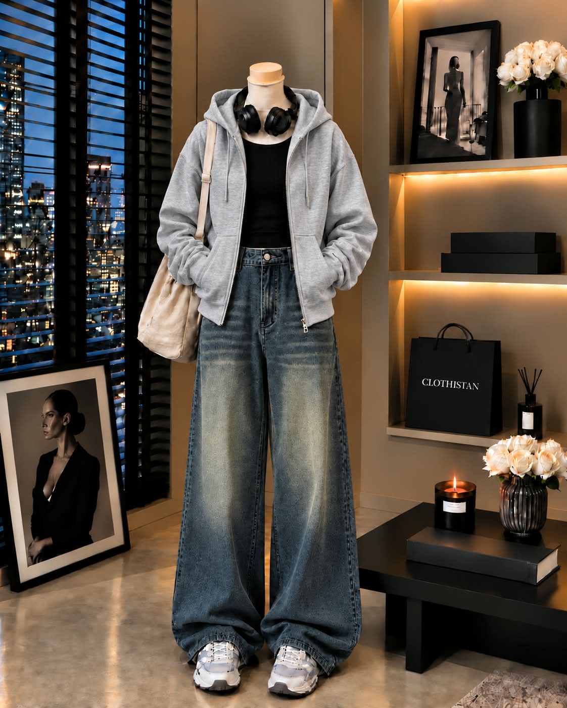 Zipper Hoodie, Black Rib Tank Top & Greenish blue Vintage Wide-Leg Jeans as Pack of Threes