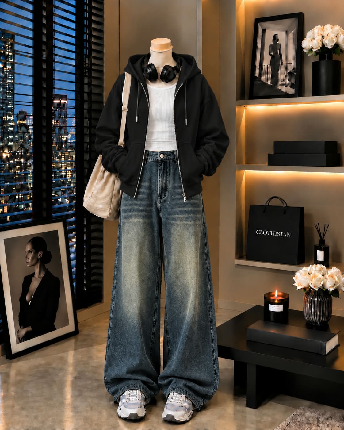 Zipper Hoodie, White Rib Tank Top & Greenish blue Vintage Wide-Leg Jeans as Pack of Threes