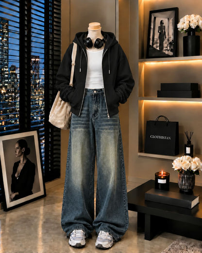 Zipper Hoodie, White Rib Tank Top & Greenish blue Vintage Wide-Leg Jeans as Pack of Threes