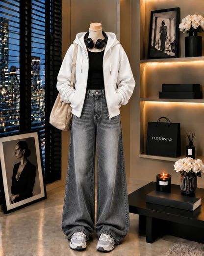 Zipper Hoodie, Black Rib Tank Top & Gray  Vintage Wide-Leg Jeans as Pack of Threes