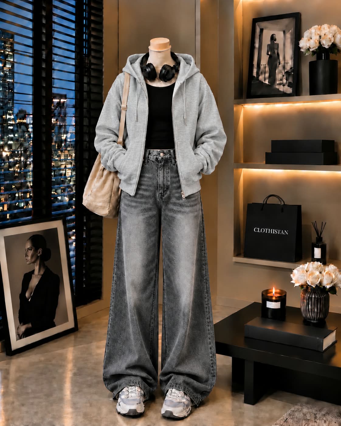 Zipper Hoodie, Black Rib Tank Top & Gray  Vintage Wide-Leg Jeans as Pack of Threes