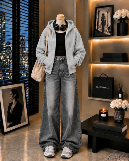 Zipper Hoodie, Black Rib Tank Top & Gray  Vintage Wide-Leg Jeans as Pack of Threes