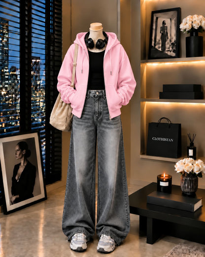 Zipper Hoodie, Black Rib Tank Top & Gray  Vintage Wide-Leg Jeans as Pack of Threes