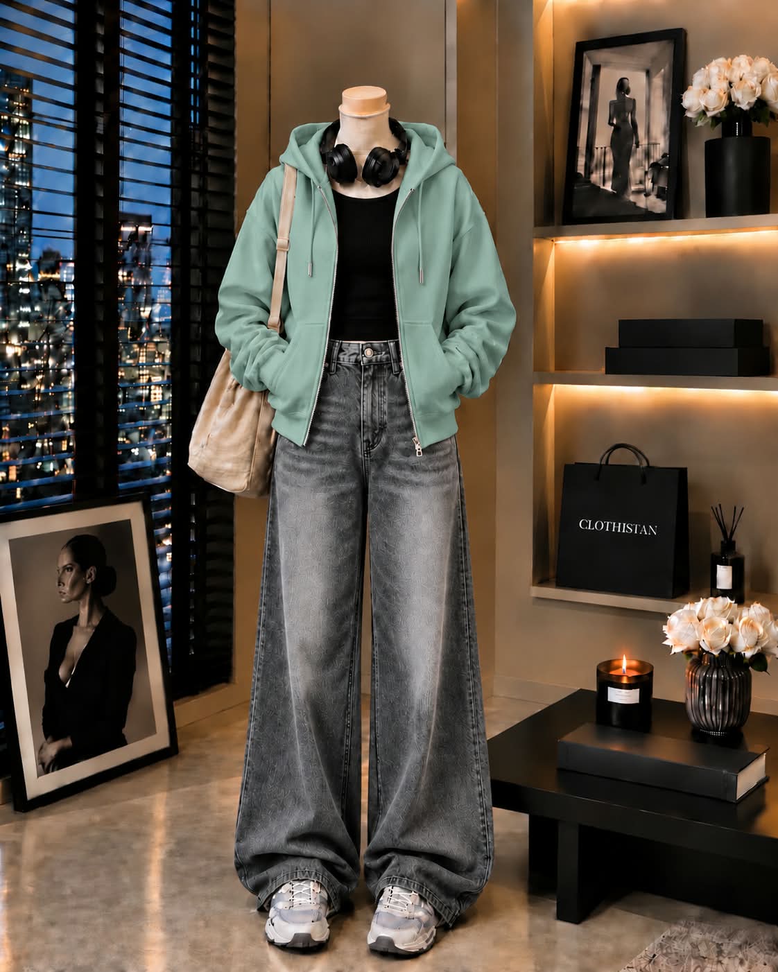 Zipper Hoodie, Black Rib Tank Top & Gray  Vintage Wide-Leg Jeans as Pack of Threes