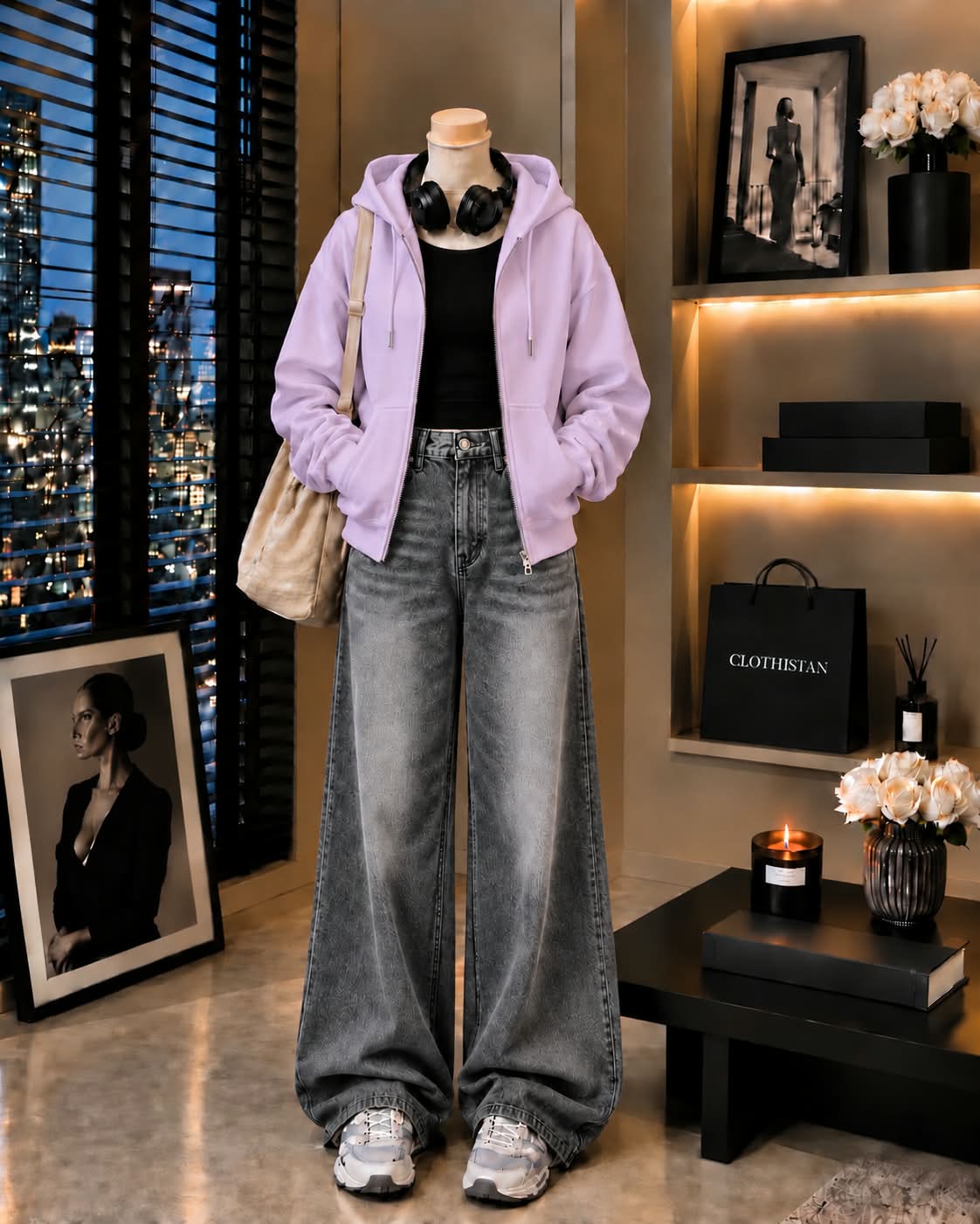 Zipper Hoodie, Black Rib Tank Top & Gray  Vintage Wide-Leg Jeans as Pack of Threes