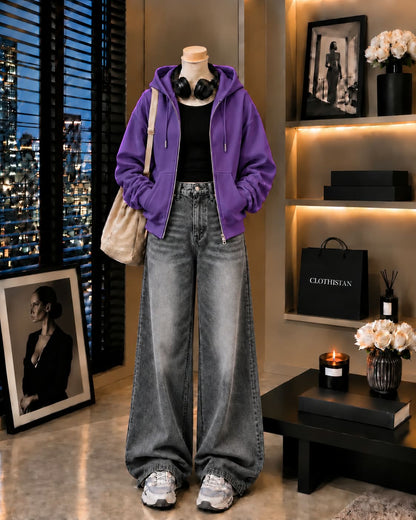 Zipper Hoodie, Black Rib Tank Top & Gray  Vintage Wide-Leg Jeans as Pack of Threes