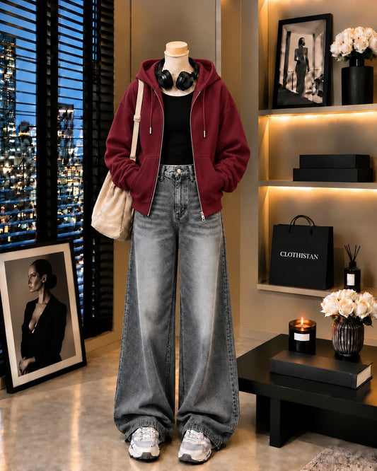 Zipper Hoodie, Black Rib Tank Top & Gray  Vintage Wide-Leg Jeans as Pack of Threes