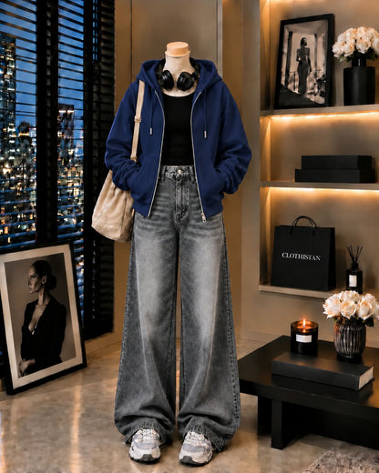 Zipper Hoodie, Black Rib Tank Top & Gray  Vintage Wide-Leg Jeans as Pack of Threes