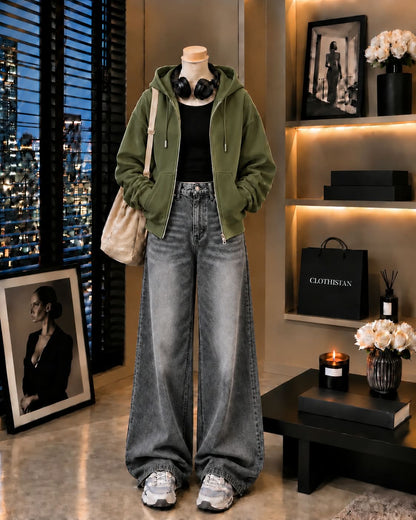 Zipper Hoodie, Black Rib Tank Top & Gray  Vintage Wide-Leg Jeans as Pack of Threes