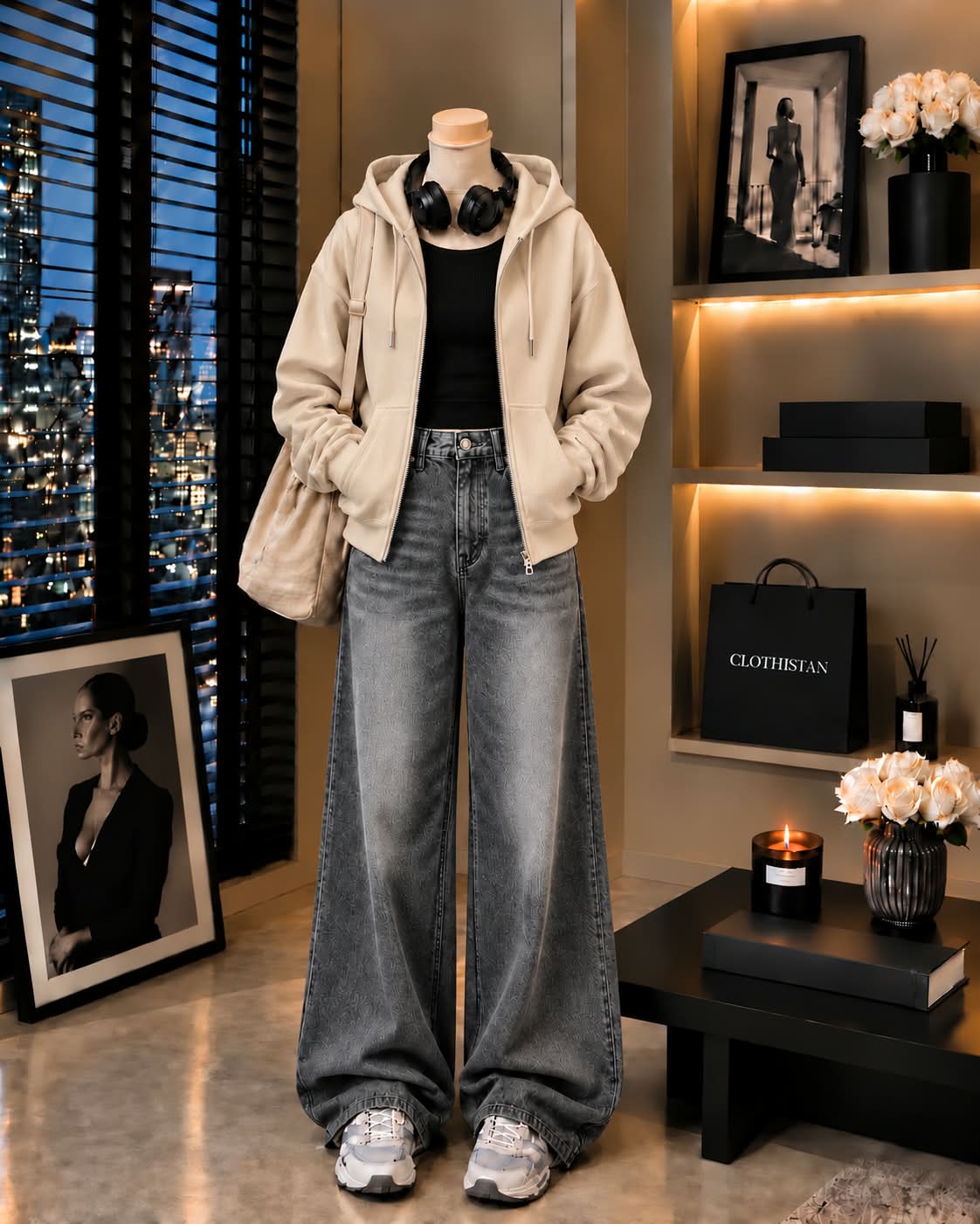 Zipper Hoodie, Black Rib Tank Top & Gray  Vintage Wide-Leg Jeans as Pack of Threes