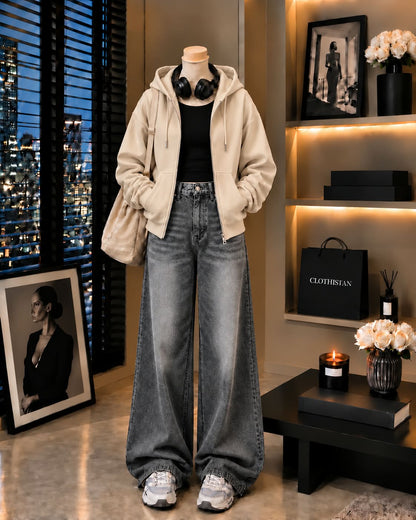Zipper Hoodie, Black Rib Tank Top & Gray  Vintage Wide-Leg Jeans as Pack of Threes