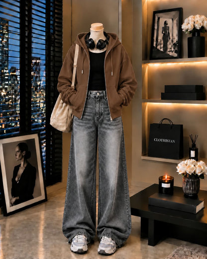 Zipper Hoodie, Black Rib Tank Top & Gray  Vintage Wide-Leg Jeans as Pack of Threes
