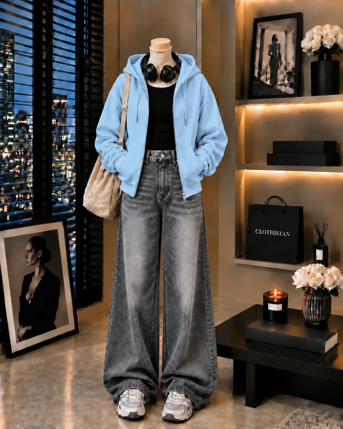 Zipper Hoodie, Black Rib Tank Top & Gray  Vintage Wide-Leg Jeans as Pack of Threes