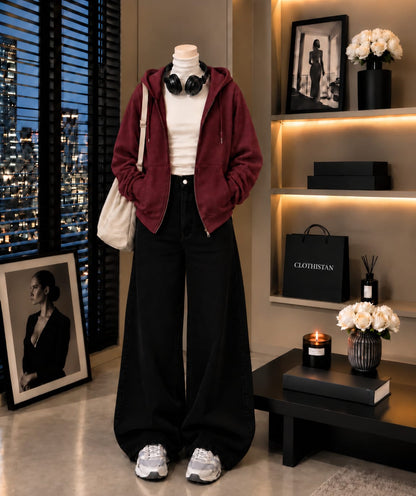 Zipper Hoodie, White Rib Net Highneck & Black Wide-Leg Jeans as Pack of Threes