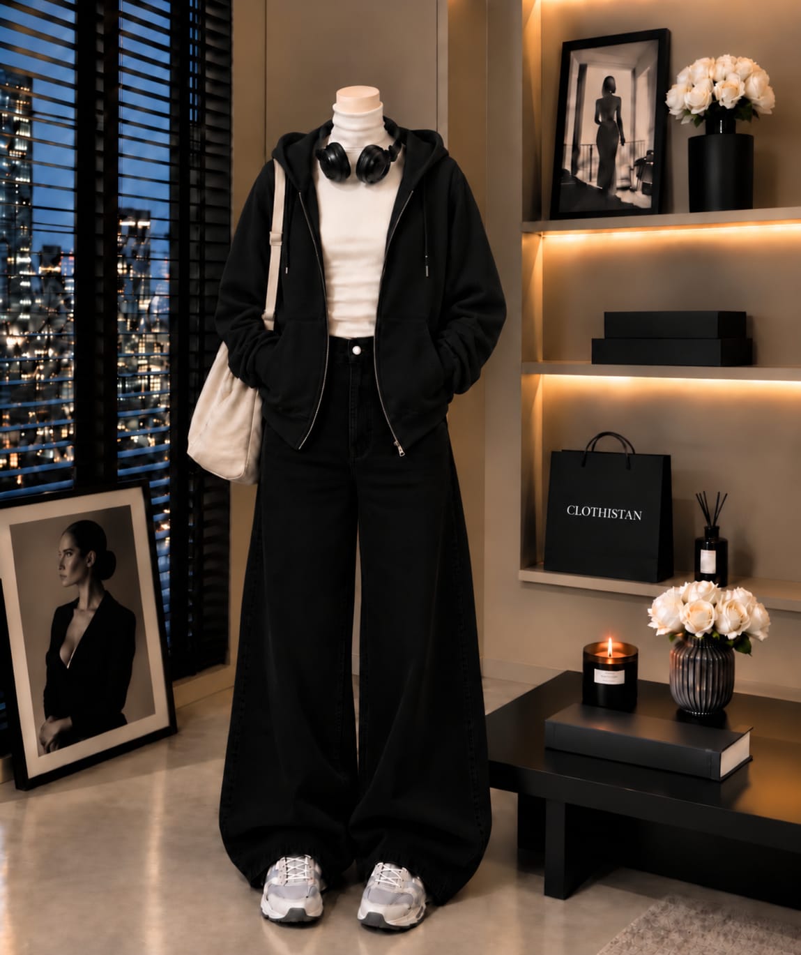 Zipper Hoodie, White Rib Net Highneck & Black Wide-Leg Jeans as Pack of Threes