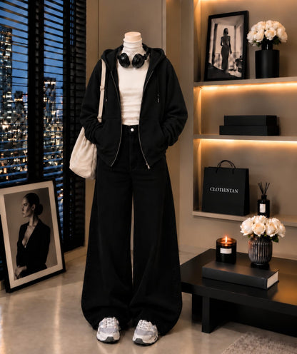 Zipper Hoodie, White Rib Net Highneck & Black Wide-Leg Jeans as Pack of Threes