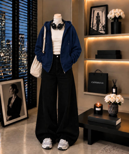 Zipper Hoodie, White Rib Net Highneck & Black Wide-Leg Jeans as Pack of Threes