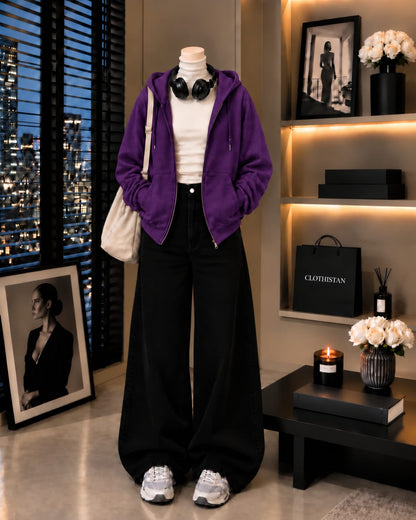 Zipper Hoodie, White Rib Net Highneck & Black Wide-Leg Jeans as Pack of Threes