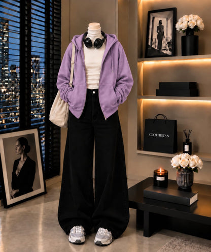 Zipper Hoodie, White Rib Net Highneck & Black Wide-Leg Jeans as Pack of Threes