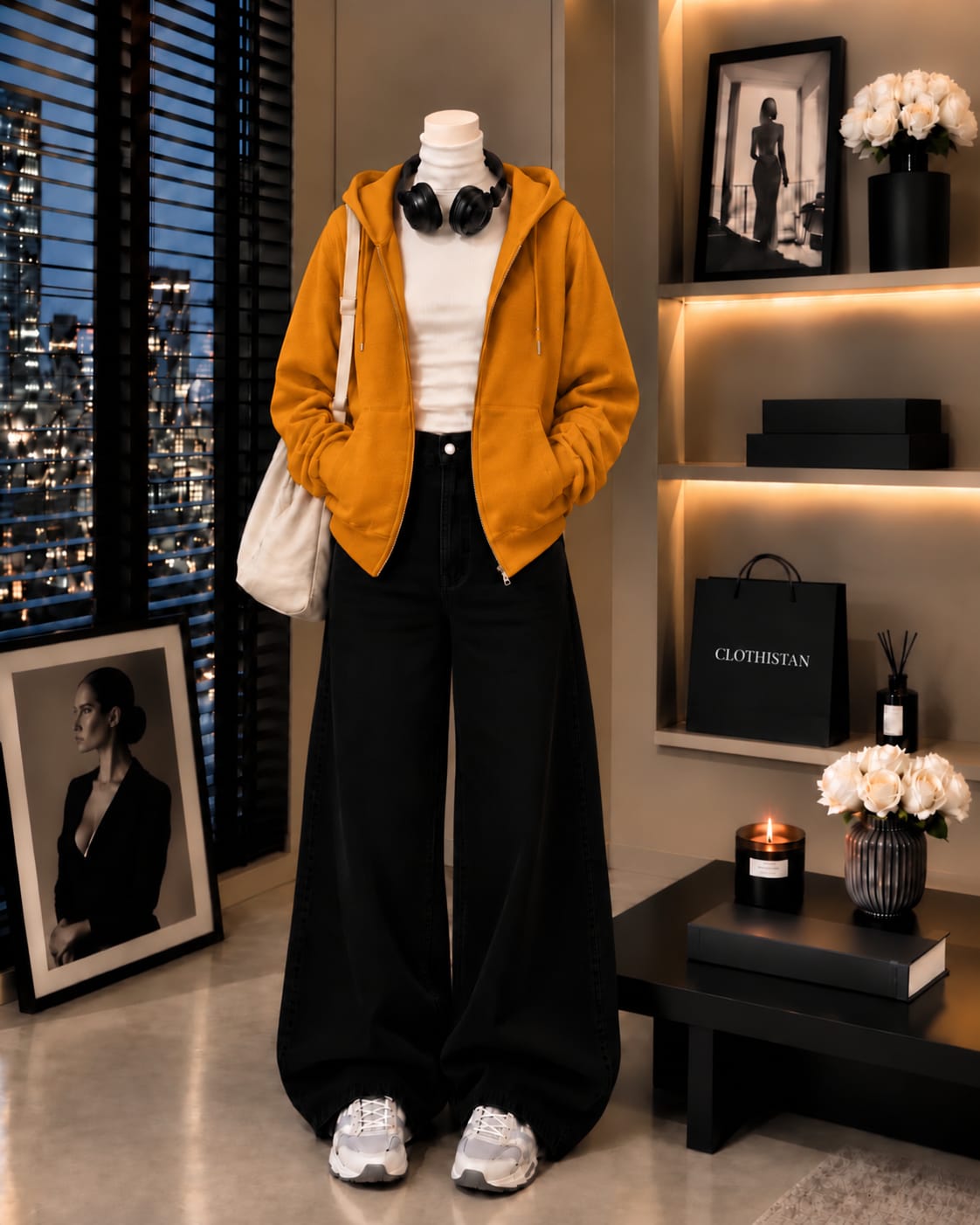 Zipper Hoodie, White Rib Net Highneck & Black Wide-Leg Jeans as Pack of Threes