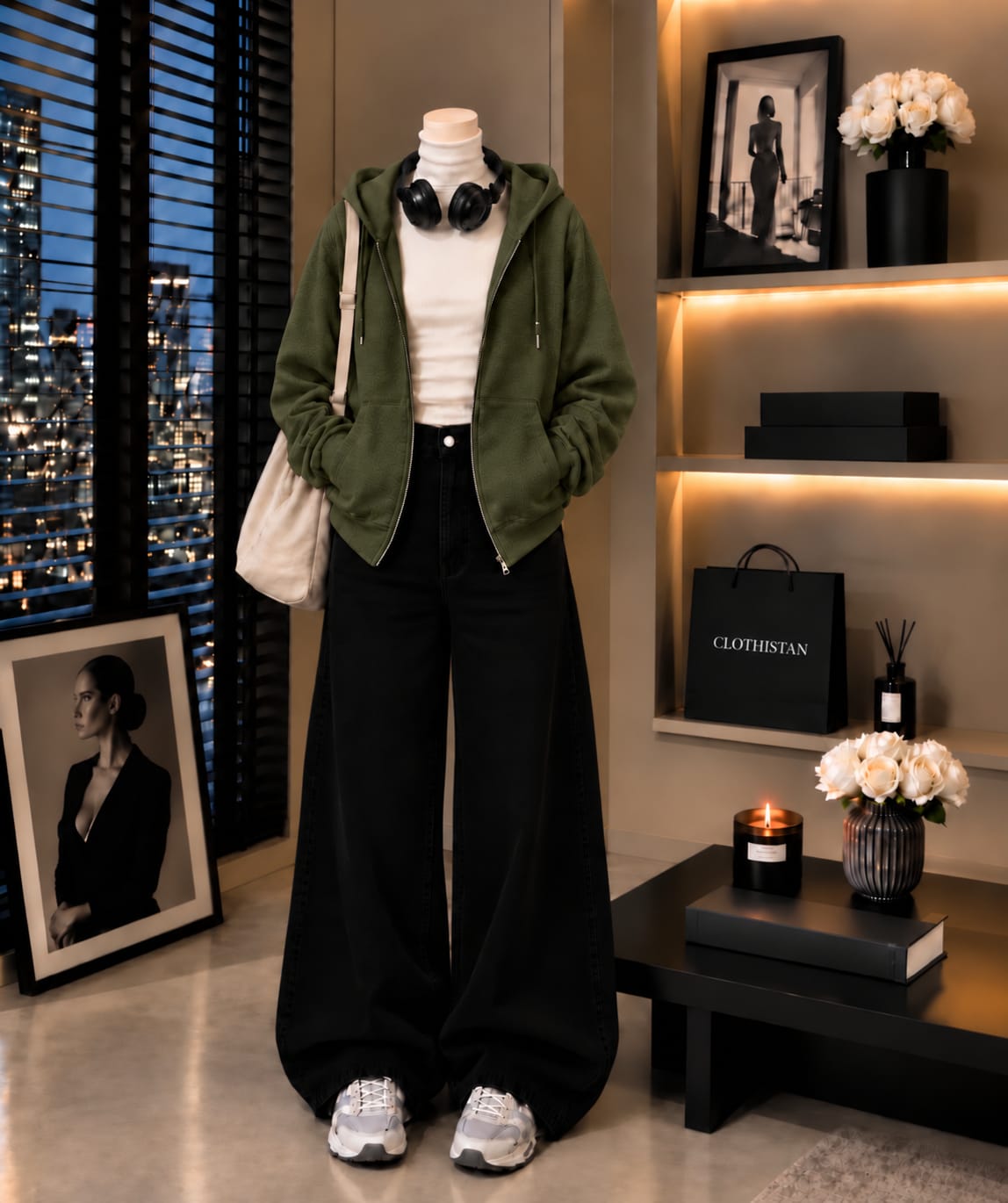 Zipper Hoodie, White Rib Net Highneck & Black Wide-Leg Jeans as Pack of Threes