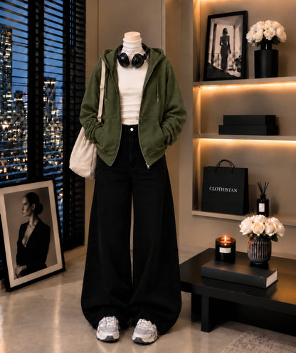 Zipper Hoodie, White Rib Net Highneck & Black Wide-Leg Jeans as Pack of Threes