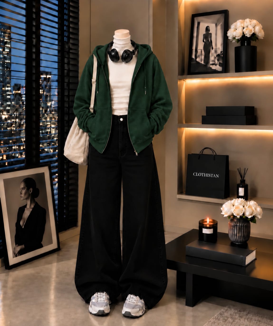 Zipper Hoodie, White Rib Net Highneck & Black Wide-Leg Jeans as Pack of Threes