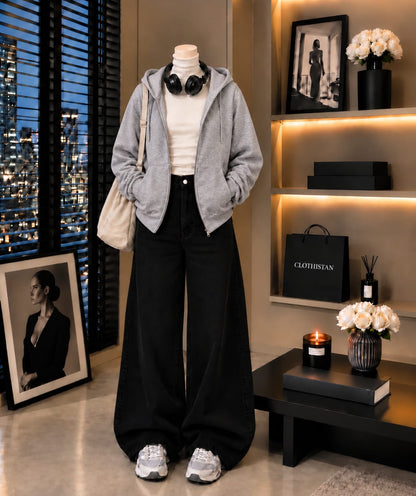 Zipper Hoodie, White Rib Net Highneck & Black Wide-Leg Jeans as Pack of Threes