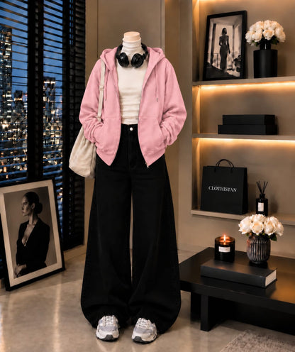 Zipper Hoodie, White Rib Net Highneck & Black Wide-Leg Jeans as Pack of Threes
