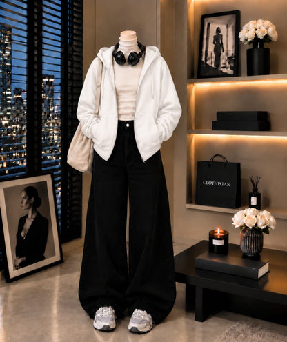 Zipper Hoodie, White Rib Net Highneck & Black Wide-Leg Jeans as Pack of Threes
