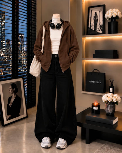 Zipper Hoodie, White Rib Net Highneck & Black Wide-Leg Jeans as Pack of Threes
