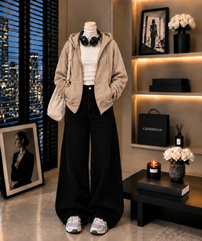 Zipper Hoodie, White Rib Net Highneck & Black Wide-Leg Jeans as Pack of Threes