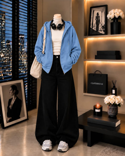 Zipper Hoodie, White Rib Net Highneck & Black Wide-Leg Jeans as Pack of Threes