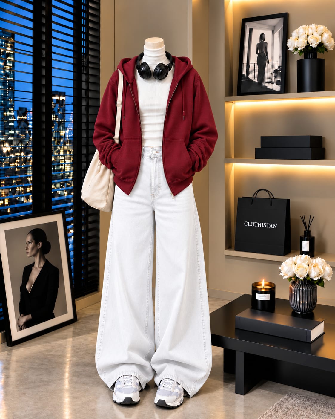 Zipper Hoodie, White Rib Net Highneck & White Wide-Leg Jeans as Pack of Threes