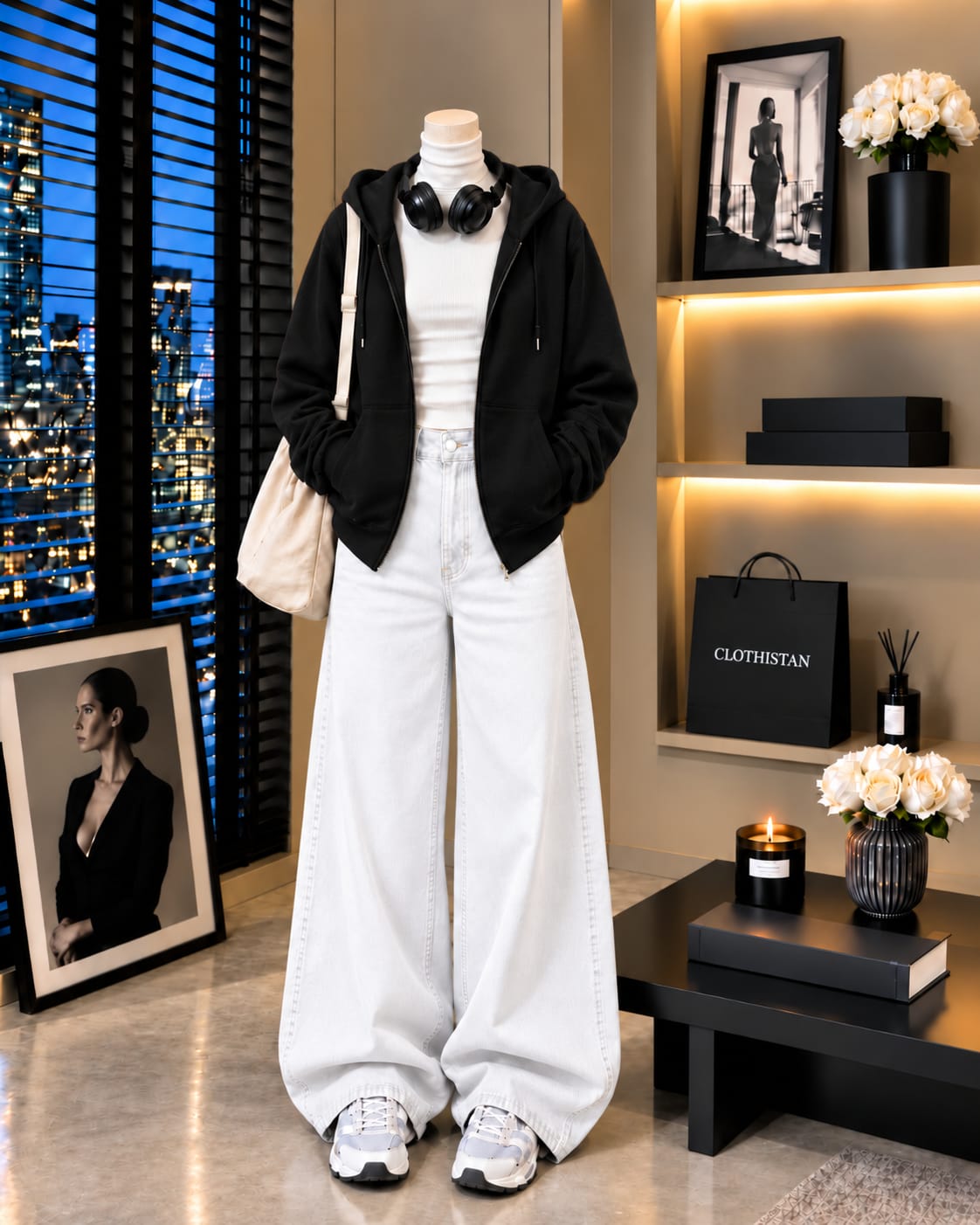 Zipper Hoodie, White Rib Net Highneck & White Wide-Leg Jeans as Pack of Threes