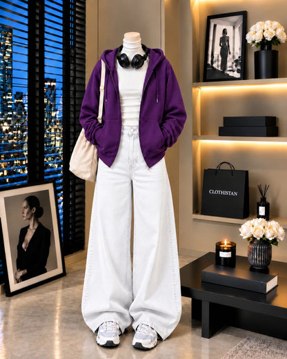 Zipper Hoodie, White Rib Net Highneck & White Wide-Leg Jeans as Pack of Threes
