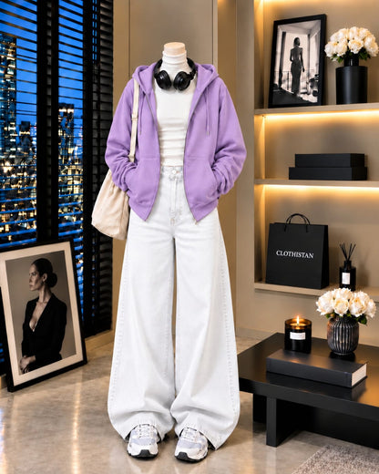 Zipper Hoodie, White Rib Net Highneck & White Wide-Leg Jeans as Pack of Threes