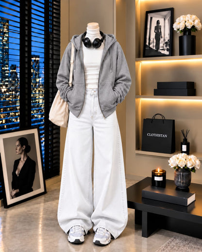 Zipper Hoodie, White Rib Net Highneck & White Wide-Leg Jeans as Pack of Threes