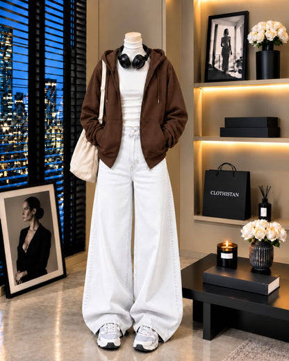 Zipper Hoodie, White Rib Net Highneck & White Wide-Leg Jeans as Pack of Threes