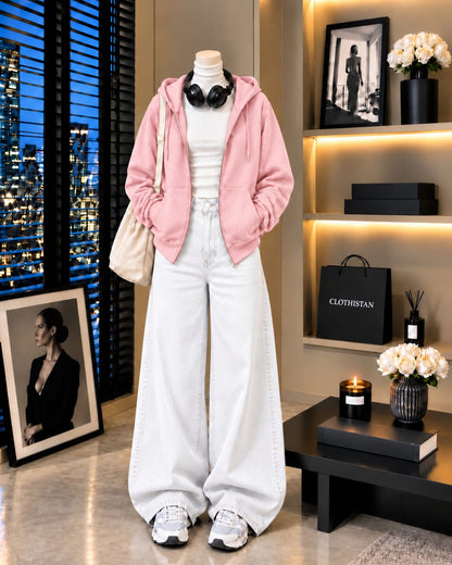 Zipper Hoodie, White Rib Net Highneck & White Wide-Leg Jeans as Pack of Threes