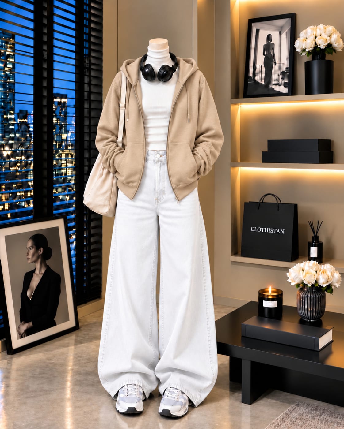 Zipper Hoodie, White Rib Net Highneck & White Wide-Leg Jeans as Pack of Threes